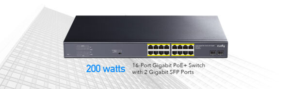 CUDY 16-Port Gigabit PoE+ Switch with 2 Gigabit SFP Ports, Model: GS1020PS2